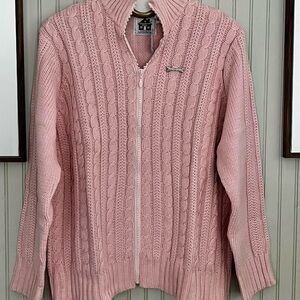 Storybook Knits NWT Cable Knit Zip Front Sweater with Rhinestone Pin Pink